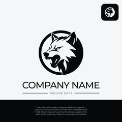 Roaring wolf logo template design with circles and black and white colors