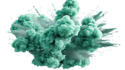 Green smoke exploding creating a colorful cloud on transparent background