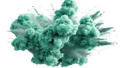 Green smoke exploding creating a colorful cloud on transparent background