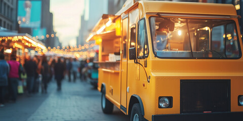 Colorful food truck illuminated by string lights at night. Selling snacks and drinks at music festival. Catering at city fair.