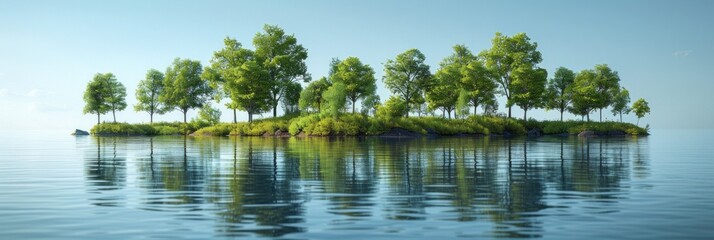 Fototapeta premium Tranquil island with green trees reflected in a still lake, AI generative. .