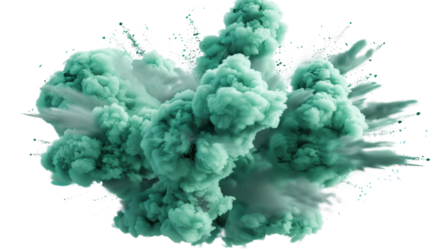 Green smoke exploding creating a colorful cloud on transparent background