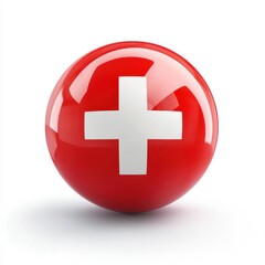 Obraz premium A glossy red ball featuring the Swiss flag, perfect for travel, Switzerland-related, or international-themed projects Isolated on white background