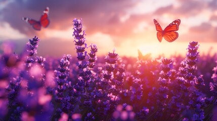 Close up of purple lavender flowers with two butterflies flying in the sunset. AI generative. .