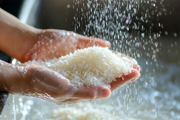 Woman rinsing rice under running water, closeup. woman's hand washes rice grains.