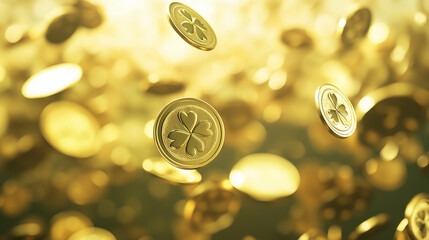 Gold coins embossed with shamrock on a gold background