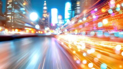 Obraz premium City night lights, speeding car, blurred background, urban travel
