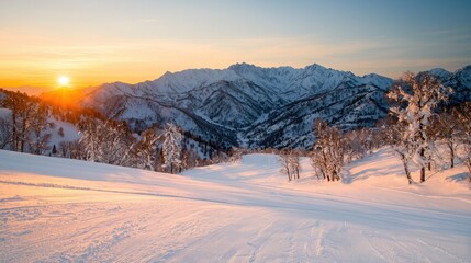 Sunset over snowy mountain range, ski slope, winter landscape, travel postcard