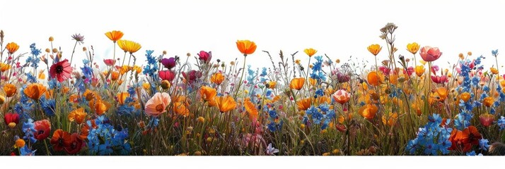 Vibrant field of orange, red, and blue wildflowers. AI generative. .
