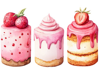 Three Beautiful Watercolor Cake Illustrations Isolated on Transparent Background