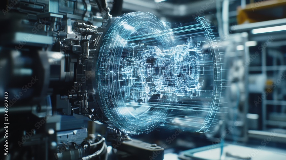 Poster futuristic innovative automated production line showing rotating holographic image of engine in mode