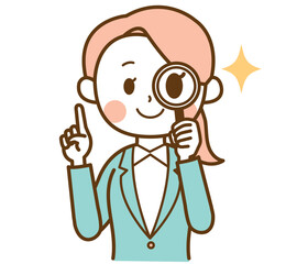 スーツを着た女性が虫眼鏡を持っているイラスト