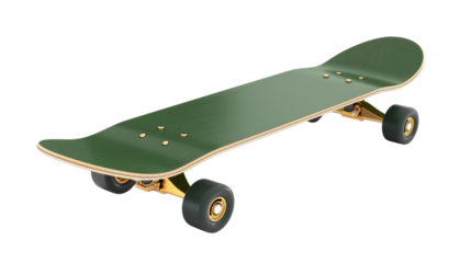 Green skateboard with gold trucks on transparent background