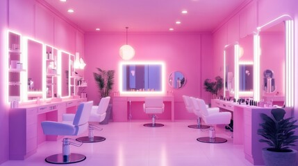 Stylish pink beauty salon interior with mirrors.