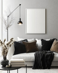 Stylish neutral living room with a blank mock-up poster frame above a cozy white sofa, elegant home interior mock-up