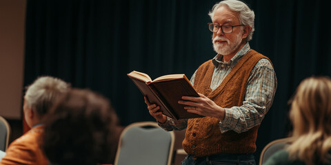 Author presenting their own book for the fans. Writer reading their book to the audience.
