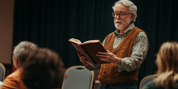 Author presenting their own book for the fans. Writer reading their book to the audience. - Powered by Adobe