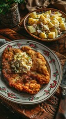 Breaded wiener schnitzel with potato fries and sauce on wooden table. Close up vuew. AI generated illustration