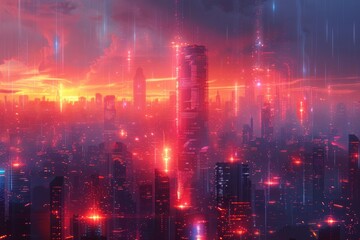 Naklejka premium Neon city skyline with glowing lights and digital rain. AI generative. .
