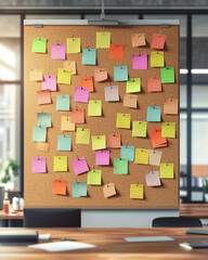 Bulletin board filled with colorful sticky notes in an office environment, symbolizing brainstorming, productivity, and creative organization
