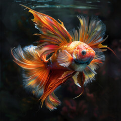 Fototapeta premium Graceful goldfish with colorful fins in dark aquatic background 