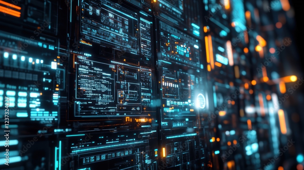 Poster futuristic screens with complex data analysis and processing information, representing innovative pr