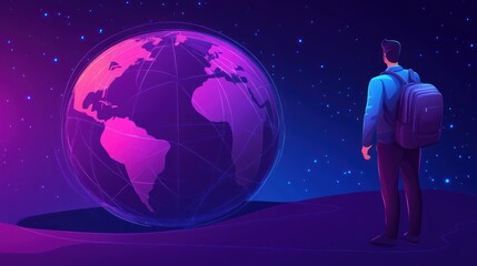 Obraz premium A person gazes at a glowing globe in space.