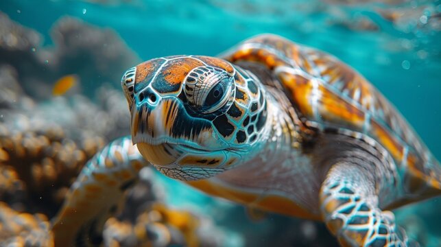 Close-up of a sea turtle's head with its shell in the background, AI generative. .