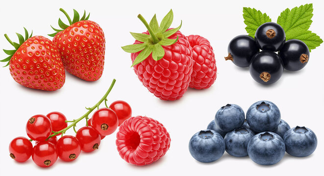 Vibrant Collection of Fresh Berries: Strawberries, Raspberries, Currants, and Blueberries
