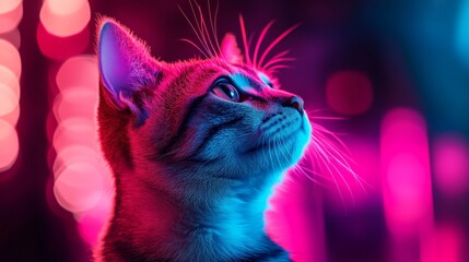 A colorful neon-lit cat portrait with futuristic lighting, ideal for modern art, pet lovers, and digital-themed projects.