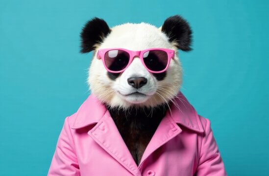 Fototapeta Panda wearing a pink coat and pink sunglasses, monochrome blue background, commercial photography,