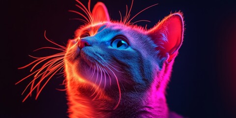 A colorful neon-lit cat portrait with futuristic lighting, ideal for modern art, pet lovers, and digital-themed projects.