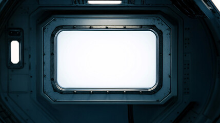 futuristic spaceship window with a glowing white light framed by metallic dark walls creating a sci fi atmosphere of mystery and exploration  
