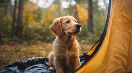 A Golden retriever puppy looks curious at tent flap in forest setting