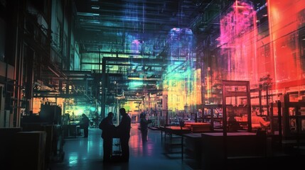 Two engineers analyzing data projections and digital information overlaid on a view of an innovative, futuristic factory setting, showcasing the integration of technology and manufacturing