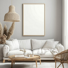 Mock-up empty poster frame above white sofa in modern boho living room with natural decor and woven lighting