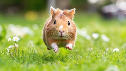 A guinea pig joyfully jumping in a grassy field.