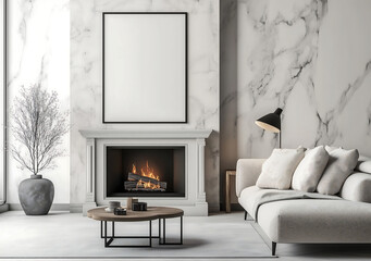 Mock-up empty poster frame above elegant fireplace in luxurious modern living room with marble walls