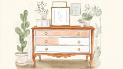 Watercolor Illustration of a Vintage Chest of Drawers with Plants and Artwork