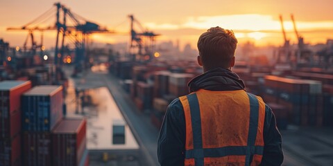 A logistics worker in a high-visibility vest overseeing cargo operations at a busy shipping port. Perfect for illustrating global trade, transportation, supply chain, and maritime industry concepts.