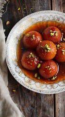 Tempting Indian Gulab jamun Presented In A Plate. AI generated illustration