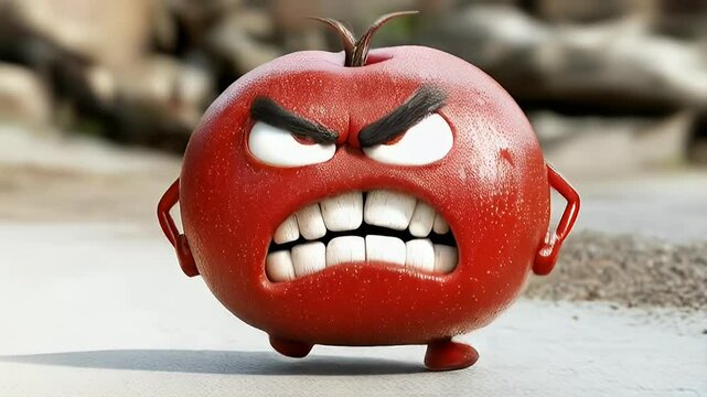 Angry red apple walking outdoors;  cartoon fruit character; background blurry