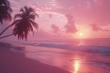 Pink sunset over the ocean with palm trees in the foreground. AI generative. .