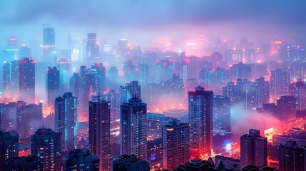 Fototapeta premium A city skyline with skyscrapers illuminated by neon lights and fog. AI generative. .