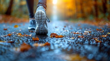 Closeup of a runner's shoe in a forest path, with fallen leaves and bokeh. AI generative. .