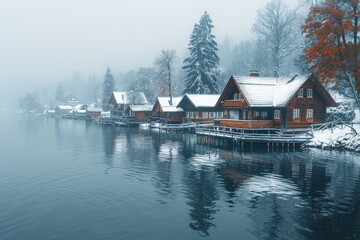 Obraz premium Wooden cabins on a foggy lake with snow covered roofs and tall pine trees. AI generative. .
