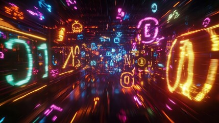 Obraz premium Bright neon symbols and numbers racing through a dark digital tunnel, illustrating the rapid flow of information in todays technological landscape