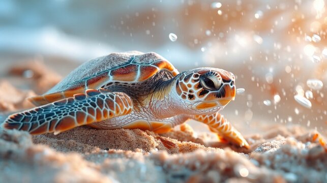 Close-up of a sea turtle on a sandy beach with water droplets. AI generative. .