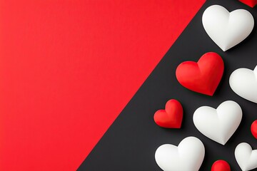 A creative arrangement of red and white heart shapes on a striking red and black background, ideal for love and romance themes.