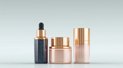 Obraz premium Three elegant skincare products with golden accents, featuring a dropper bottle, a cream jar, and a serum, set against a soft, neutral background.